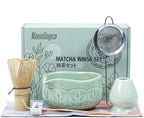 Matcha Whisk Bowl Set, 7PCS All-in-One Japanese Tea Set Includes Matcha Bowl with Spout, Bamboo Whisk (Chasen) with Stand, Scoop, Sifter, Complete Kit for Ceremony, Gift for Matcha Tea Lovers（Green)