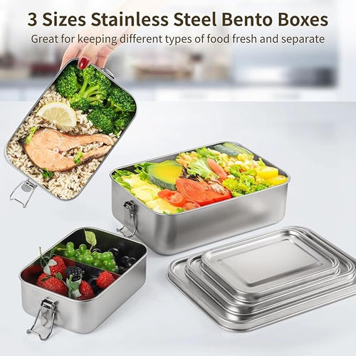 3 PCS Bento Boxes, Stainless Steel Lunch Boxes, Food Storage Containers, Lockable Clips to Leak Proof, Reusable Dishwasher Safe Lunch Snack Boxes(850 ml, 1400 ml, 2400 ml)