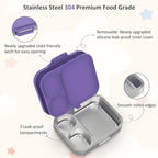 Stainless Steel Bento Box Kids, Leak Proof Metal Bento Lunch Box,3 Compartments 304 Stainless Steel Bento Lunch Containers for School and Office,BPA-Free(Purple)