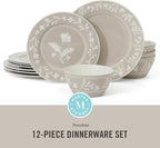 Martha Stewart Maiden Crown 12-Piece Taupe Dinnerware Set – Vegan Bone China Ceramic Plates & Bowls – Floral Design – Service for 4 – Dishwasher & Microwave Safe