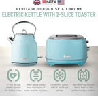 Haden Heritage 1.7 Liter Stainless Steel Electric Tea Kettle with Heritage 2 Slice Wide Slot Stainless Steel Bread Toaster, Turquoise