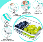VERONES 10 Pack Glass Meal Prep Containers - 2 Compartment Set, 30 OZ Airtight Glass Lunch Containers with Lids, for Microwave, Oven, Freezer & Dishwasher Friendly, Green