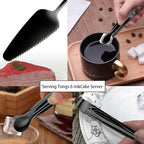 6 PCS Stainless Steel Serving Utensils, Large Serving Spoons Slotted Spoons, Forks, Ice Suger Tongs, Cake Server, Soup Ladle, Metal Utensils Set Great for Buffet Catering Banquet Party, Black