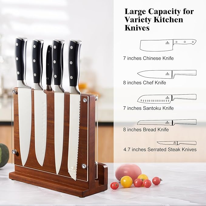 ENOKING Magnetic Knife Block with Acrylic Shield, Double Side Kitchen Knife Holder without Knives- Acacia Wood Universal Knife Storage Organizer with Powerful Magnet for Kitchen Counter