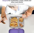 Stainless Steel Bento Box Kids, Leak Proof Metal Bento Lunch Box,3 Compartments 304 Stainless Steel Bento Lunch Containers for School and Office,BPA-Free(Purple)