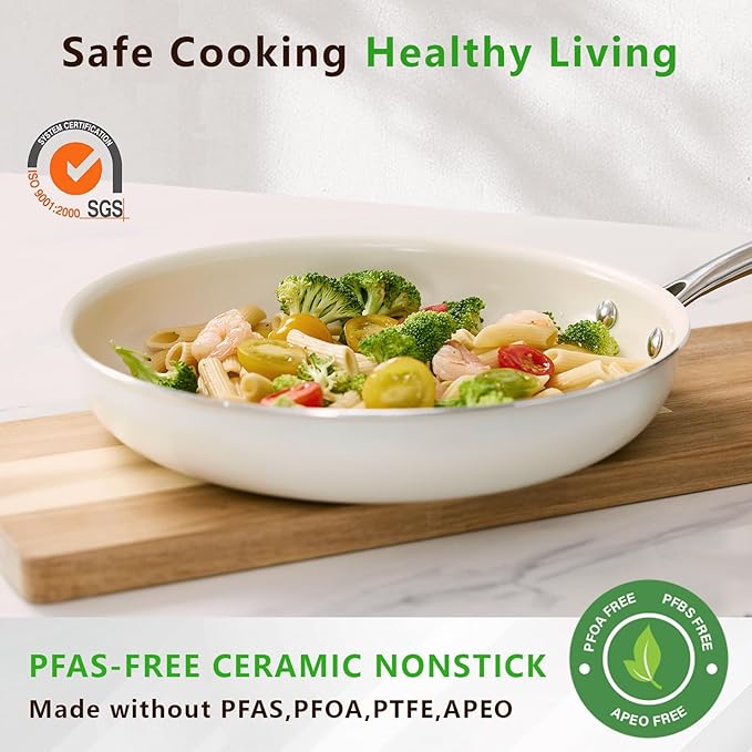 8" Ceramic Frying Pan Nonstick, Small Skillet, Cooking Pan Non Toxic with Stay Cool Handle for Induction, Chef's Pan, PTFE & PFAS & PFOA Free, Dishwasher/Oven Safe, White
