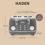 Haden Chelsea 4 Slice Wide Slot Toaster with Adjustable Browning Control, Grey & Chrome