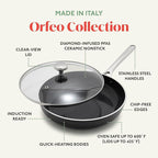 Orfeo 10 Piece Nonstick Cookware Set, Made in Italy, Diamond Ceramic PFAS-Free Pots & Pans, Induction Ready, Scratch Resistant, Laser-Fused Surface for Durability, Dishwasher Safe, Black