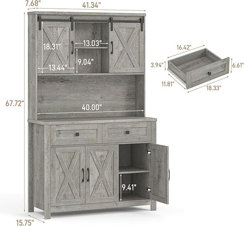 67.7 Inch Farmhouse Pantry Storage Cabinet with Sliding Barn Doors, 2 Drawer Farmhouse Coffee Cabinet with Adjustable Shelf, Side Board with Buffet Cupboard Livingroom Kitchen, Grey