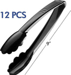 Plastic Tongs for Serving (Pack of 12) 9 Inch - Heavy-Duty Hard Plastic Reusable or Disposable Serving Tongs for Catering, Dinner Parties, Banquets, Buffets, Events, Weddings and Everyday Use, Black