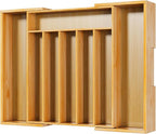 Kitsure Large Bamboo Silverware Organizer - Expandable Drawer Organizer for Utensil, Cutlery and Flatware, Kitchen Storage Solution with 6 to 8 Slots, Natural, 19.4" × 13.1" × 1.8"