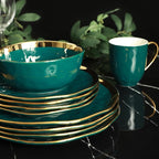Stone Lain Florian Modern Porcelain 16 Piece Dinnerware Set, Plates and Bowls Set, Dish set for 4, Green and Golden Rim