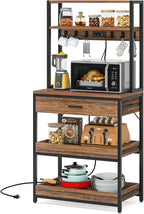 LITTLE TREE Kitchen Baker’s Rack with Power Outlets, Freestanding 5-Tier Microwave Stand with Drawers & Sliding Shelves, Coffee Bar with 6 Hooks for Dining Room Living Room, Rustic Brown
