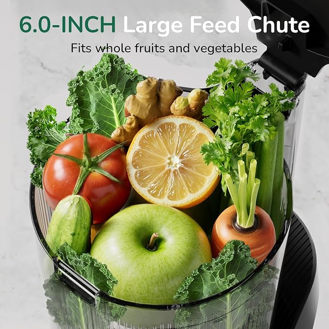 Canoly C16 Cold Press Juicer, 6" Extra Wide Feed Chute, 3-IN-1 Strainers (Juice & Sorbet & Nut Milk), Powerful AC Brushless Motor, Self Precut System, Juicer Machines with BPA-Free (Pearl White)