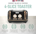 Haden Dorset 4 Slice Wide Slot Stainless Steel Toaster with Adjustable Browning Control & Non-Slip Feet, Black & Copper