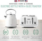 Haden Heritage Stainless Steel Body Retro Electric Tea Kettle, White and Haden Heritage 4 Slice Wide Slot Stainless Steel Retro Toaster, White