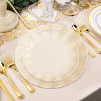 LIYH 50 Pcs Beige Plastic Plates Reusable Unbreakable Dinner Plates Scalloped Plastic Plates Dishwasher Safe Ivory Plate Sets Perfect for Parties Birthday Picnics BPA Free (25Guests)