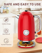Harriet Electric Kettle, 1.8L Retro Electric Tea Kettle with Thermometer, 1500W Stainless Steel Hot Water Kettle Electric with LED Indicator, Fast Boiling, Cordless, Auto Shut-Off, Red