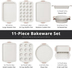 11-Piece Baking Pans Set Nonstick, Stackable Bakeware, Toxin-Free Baking Pans Set with Silicone Handles, Includes Cookie Sheets, Cake Pan, Loaf Pan, Pizza Pan, Muffin Pan, White&Khaki