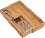 Bamboo Kitchen Drawer Organizer, Silverware Organizer Expandable Utensil Holder with Removable Knife Block, Cutlery Tray with Drawer Dividers for Kitchen Utensils and Flatware