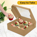 9-Count Brown Cupcake Boxes with Window and Insert, 9x9x3 Inch, 16 Pack, Suitable for Cupcakes, Muffins, and Cookies