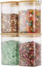 37oz Airtight Glass Square Storage Canisters with Bamboo Lids Set of 4 (1100ml) Striped Stackable Containers, Kitchen Jars for Pantry Noodles, Flour and Coffee beans (‎with Black Lable)