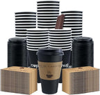 100 Pack 16 oz Coffee Cups,Disposable Hot Drink Paper Cups with Lids & Sleeves - 16 Ounce Black Party Cups Perfect for Hot Beverages, Party, Office, and Home Use