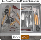 Extra Large Expandable Silverware Organizer, BPA-Free Food-Safe Cutlery Flatware Organizer, Kitchen Utensil Drawer Organizer, Adjustable Silverware Holder for Spoons Forks Knives, Gray