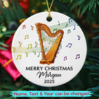 Customized Year Text Name Harp Player Christmas Ornament, Unique Harp Instrument Ornaments Gift for Women Men Harpist Appreciation Birthday, Personalized Harp Musical Ceramic Christmas Ornament 2025