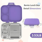 Stainless Steel Bento Box Kids, Leak Proof Metal Bento Lunch Box,3 Compartments 304 Stainless Steel Bento Lunch Containers for School and Office,BPA-Free(Purple)
