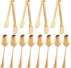 12PCS Stainless Steel Serving Utensils Sets,8 Large Serving Spoons,4 Serving Tongs,Gold Serving Utensills Sets for Buffet Catering Banquet Party (Gold)