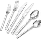 KINGSTONE 36 Piece Silverware Set with Steak Knives, Hammered Silverware Set for 6, 18/10 Stainless Steel Flatware, Cutlery Set for Home, Party, Wedding, Mirror Polished Dishwasher Safe