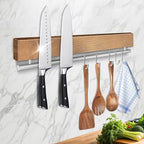 12 Inch Magnetic Knife Holder for Wall Wooden Magnet Knife Strip No Drill with 5 Hooks/Adhesive Tape/Screws, Kitchen Utensil Holder, Magnetic Knife Organizer, Wall Mounted Knife Storage