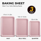 HONGBAKE Baking Sheet Pan Set, Cookie Sheet for Oven, Nonstick Bakeware Sets with Wider Grips, 3 Pack Half/Jelly Roll/Quarter Baking Tray, Premium, Dishwasher Safe-Pink