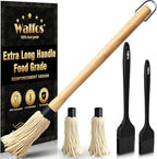 Walfos Basting Brush Silicone and BBQ Mop, Grill Basting Mop with 3 Heads and 2Pcs Pastry Brushes, Wooden Long Handle, Heat Resistant for Grilling, Smoking Steak, Kitchen Cooking (18"）