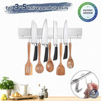 12 Inch Magnetic Knife Holder with 5 Hooks, No Drilling Wall Mount, Powerful Magnet Strip and Utensil Hanger