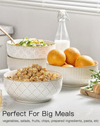getstar Large Serving Bowls (8 inch & 60 fl oz), Ceramic Salad Bowl Set of 2, Microwave and Dishwasher Safe, Farmhouse Kitchen Decorative Bowls Set (Embossed Stripes & Stars)