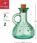 Bormioli Rocco Set Of 2 Country Home Olivia Oil Bottle, 7-ounce Cruet With All Natural Cork Lid, Blue-green Tinted Star Glass, Elegant And Floral Design, Made In Italy.
