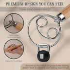 13-Inch Danish Dough Whisk, Wooden Handle with Stainless Steel Double Loop Dough Hook, Dough Whisk for Sourdough, Pizza, Cake Batter