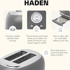 Haden Chelsea 2 Slice Wide Slot Toaster with Adjustable Browning Control, Grey & Chrome