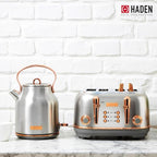 Haden Heritage 4 Slice Wide Slot Stainless Steel Toaster Bundled with 1.7 Liter Stainless Steel Electric Water Kettle, Steel & Copper