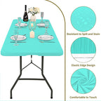 10 Pack Fitted Tablecloth for 8 Foot Rectangle Tables, Aqua Blue Elastic Outdoor Picnic Table Cover, Washable Stretch Folding Table Cloths 8 ft for Camping Party Patio Kitchen Banquet, 30" W x 96" L