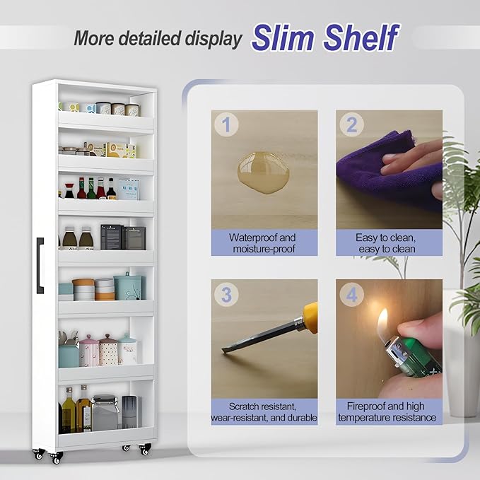 7-Tier Slim Storage Cart, Wooden Rolling Pantry Cabinet with Wheels, Narrow Shelf Organizer for Kitchen, Bakers Rack, Dining Room, Closet, Small Spaces Gray 73.2" H*9.8" W*23.6" D