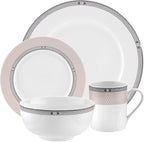 Portmeirion Home Vintage Chic 16 Piece Set - Porcelain Dinnerware with Art Deco Borders - 10.5" Dinner Plates, 7.5" Salad Plates, 5.5" Bowls, 11.5 Oz Mugs - Microwave & Dishwasher Safe Place Settings