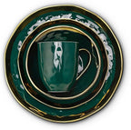 Stone Lain Florian Modern Porcelain 16 Piece Dinnerware Set, Plates and Bowls Set, Dish set for 4, Green and Golden Rim