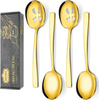4 Piece Stainless Steel Serving Spoons Set - 2 Large, 2 Slotted, 9.2-Inch, Dishwasher Safe, for Parties/Kitchen/Buffet/Catering,Gold