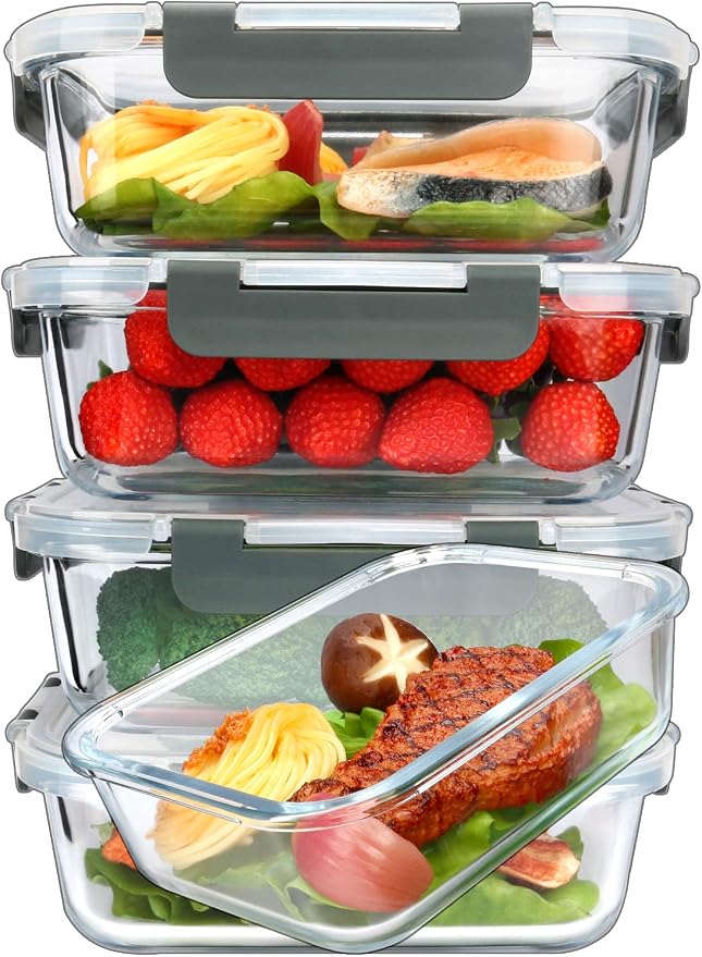 M MCIRCO 5 Pack 36 oz Glass Food Storage Containers with Lids,4.5 Cups,Gray by M MCIRCO