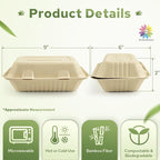 Mat Board Center, 9x 6x 3 inch, 250-Count Ribbed Hamburger Compostable Clamshell Bamware (Bamboo Fiber) Take-Out/to-Go Food Boxes-Biodegradable Containers Hinged Lid-Microwave-Safe-Gluten-Free