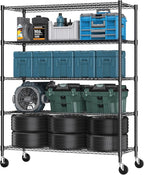 Himimi 82" H Storage Shelves 5 Tier Metal Shelving Adjustable Wire Shelf with Wheels, Heavy Duty Shelving for Garage Kitchen Pantry Bathroom Laundry,18" D*48" W*82" H, Black