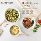 Kordisen Ceramic Nonstick Frying Pan Skillet Set with Lid, 3 Piece Ceramic Pans for Cooking Non Toxic, Healthy Induction Cookware, Stay-Cool Handle, PFOA & PFAS Free (8 Inch, 9.5 Inch, 11 Inch)
